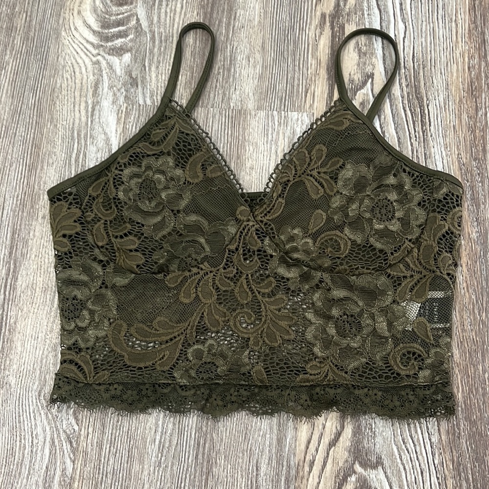SHEIN Olive Green Lace Bralette Crop Top – Floral Lace Cami (Size Small)